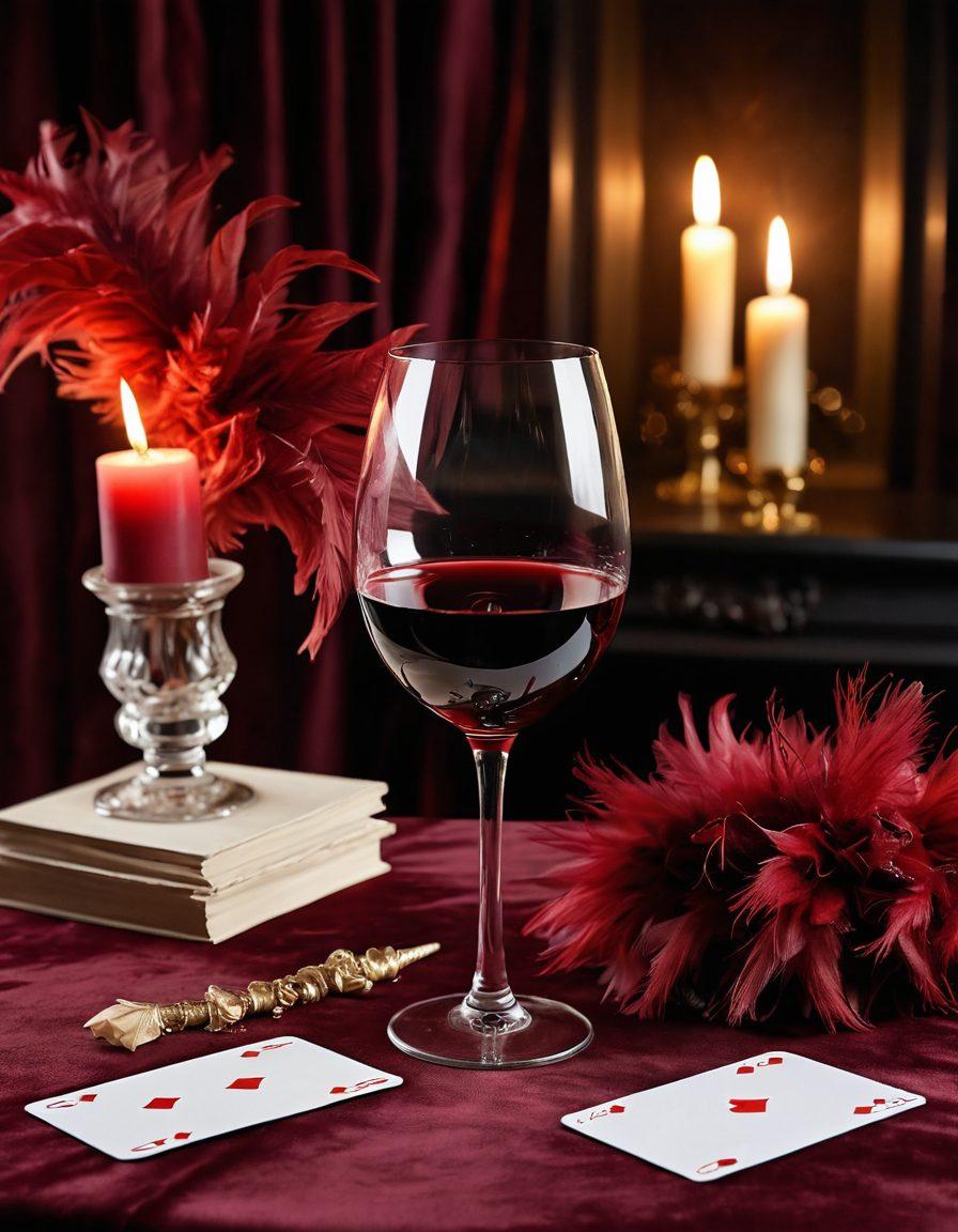A beautifully arranged wine glass pouring a rich red wine onto a velvet table, surrounded by playful, sensual elements like a feather boa and a scattered deck of cards. Soft candlelight casts warm shadows, accentuating the romance and excitement of the scene. The background hints at a luxurious bedroom setting, blending elegance with allure. vibrant colors. super-realistic.