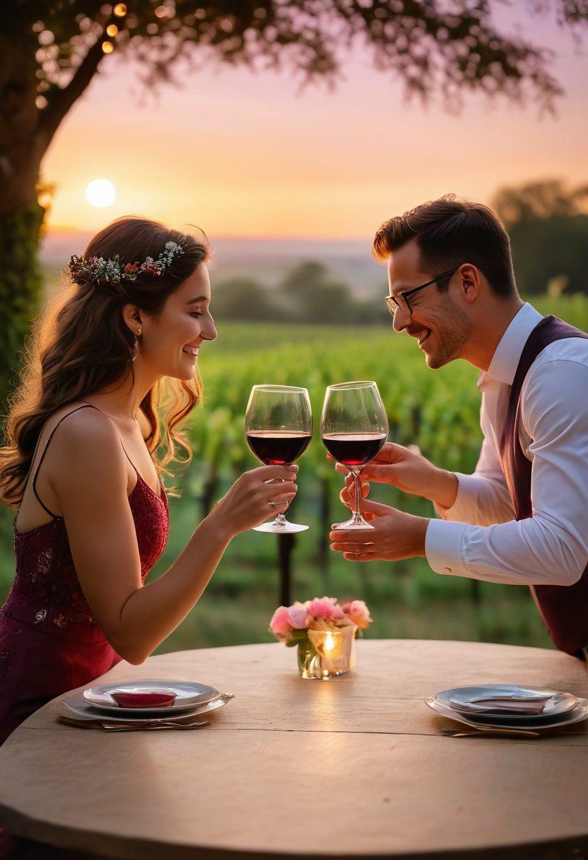 A beautifully set outdoor dining table under twinkling fairy lights, featuring elegant wine glasses filled with rich red wine, intertwined with colorful floral arrangements. Two people sharing a warm laugh, their glasses clinking together, capturing the essence of intimacy. In the background, rolling vineyards stretch into the sunset, creating a romantic atmosphere. soft focus. vibrant colors. romantic ambiance.