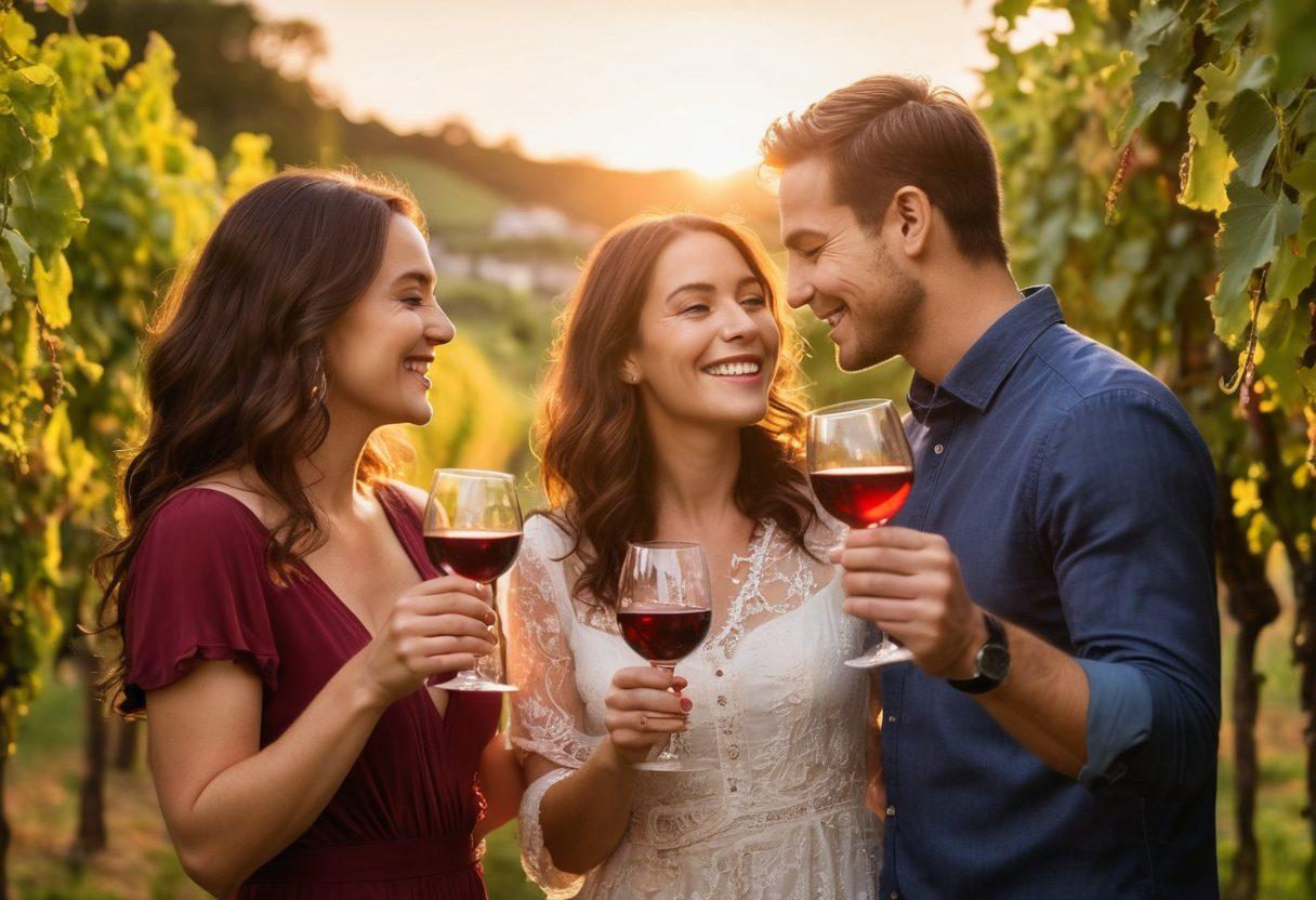 A couple joyfully clinking their wine glasses under a sunset, surrounded by lush vineyards and soft glowing fairy lights. The atmosphere radiates warmth, love, and connection, showcasing bottles of elegant wine in the foreground and grapevines thriving in the background. Romantic and inviting, with hues of red and gold. vibrant colors. soft focus.